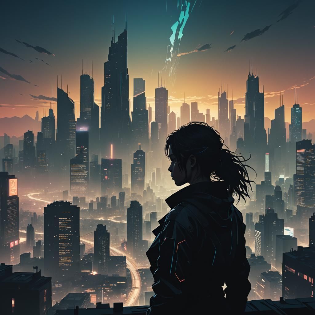 Cyberpunk City Silhouette: Digital Illustration in 8k