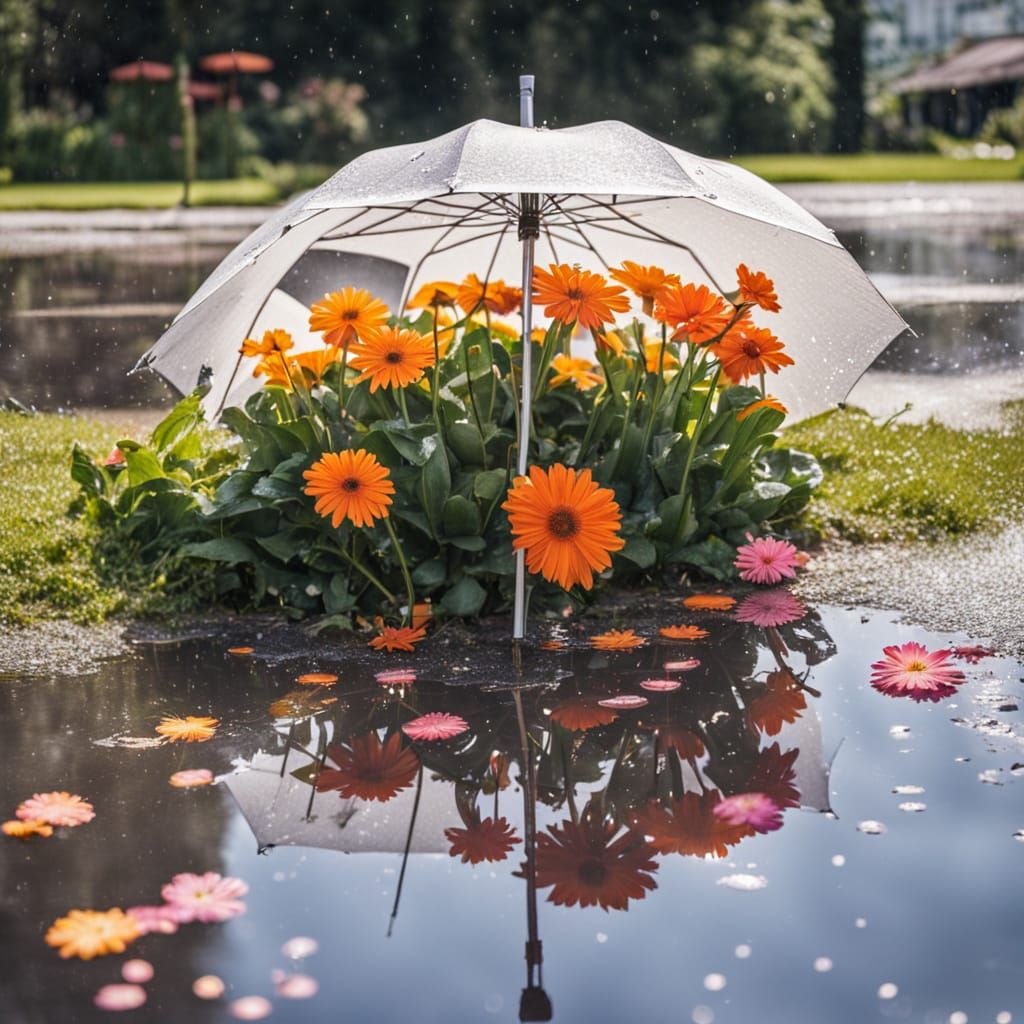 Umbrella in a Puddle on a Sunny Day with Blooming Flowers