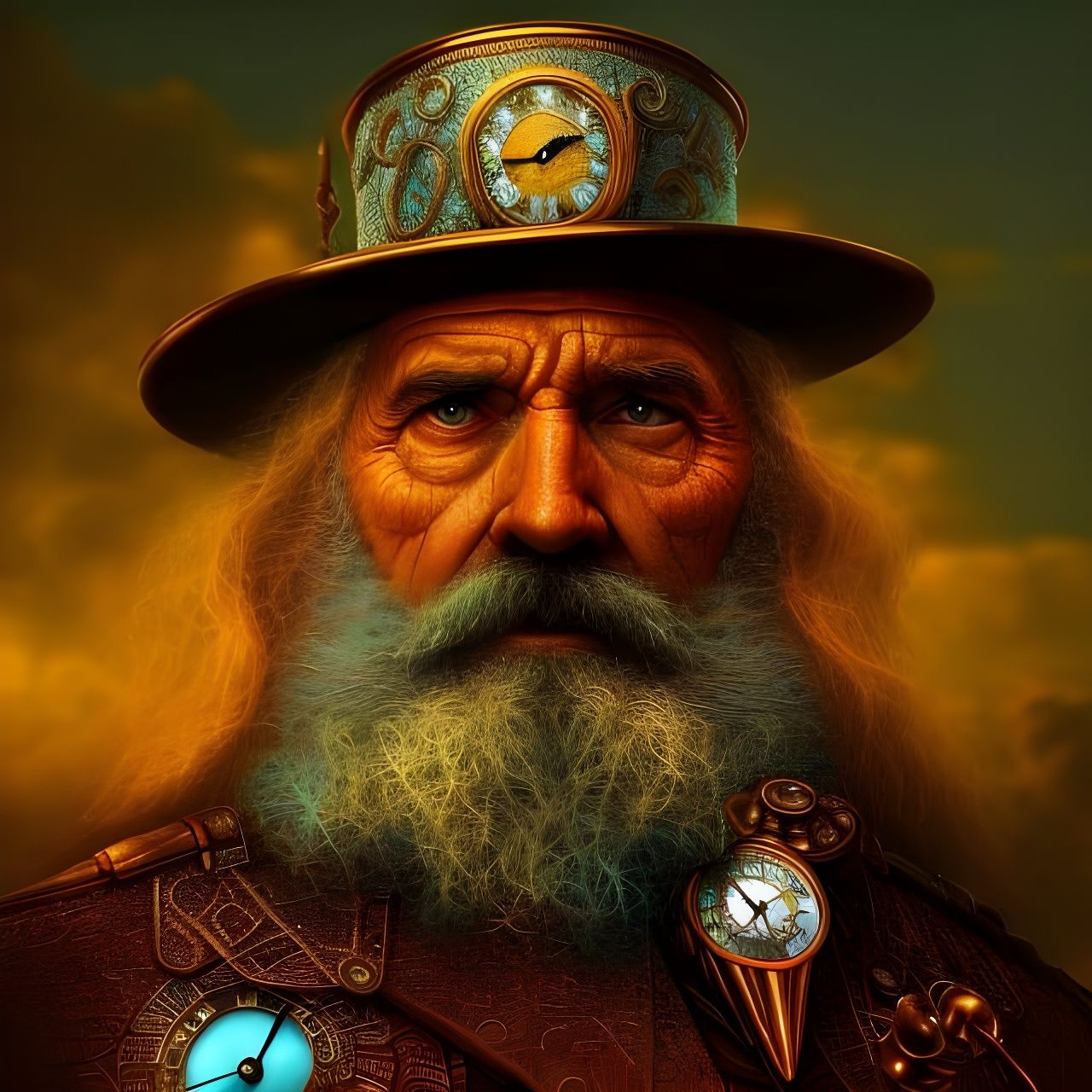Steampunk Portrait of Father Time with Clock Head