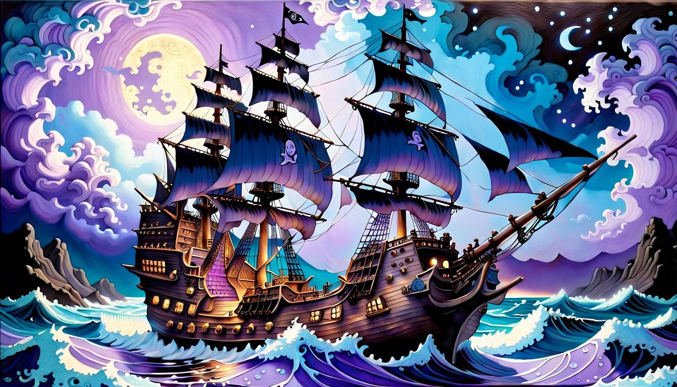 Maxfield Parrish inspired  pirate ship beaming in a  raging sea,