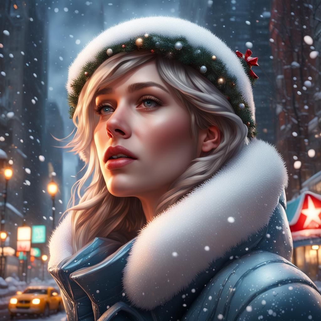 Christmas Portrait in Snowy New York City Lights