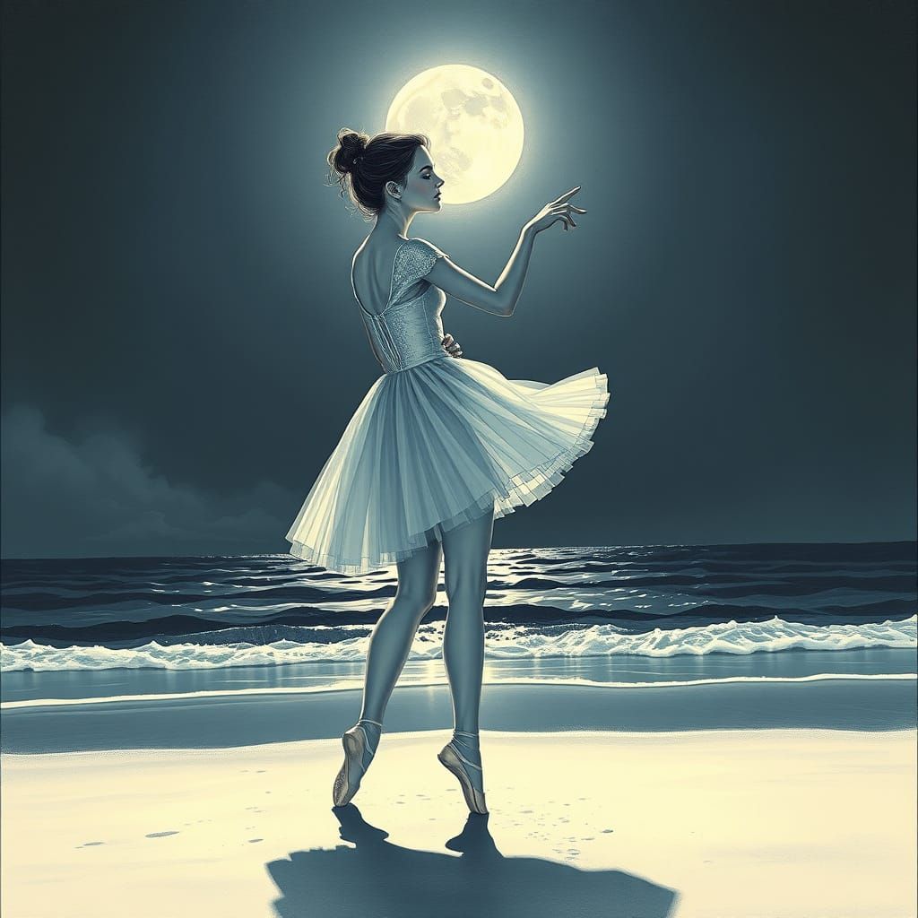 Ethereal Moonlit Ballerina Captured in Serene Nighttime Scen...