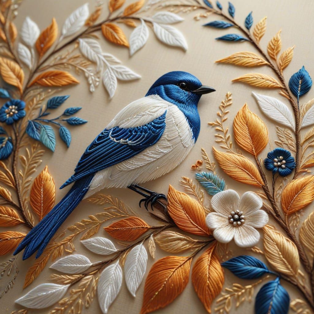 a piece of extremely smooth and soft white silk with an embroidered bird