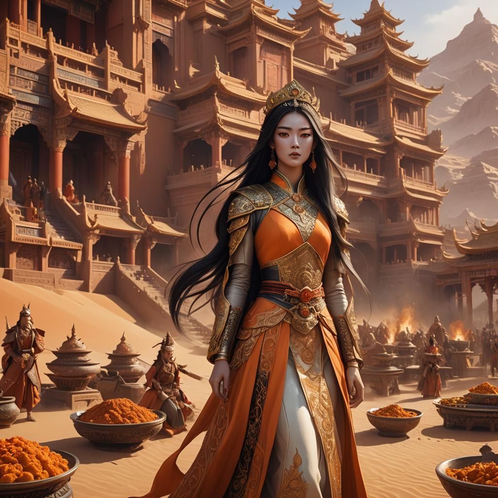 Princess Xianxia in light orange and gold. Palace of the sun. Desert.