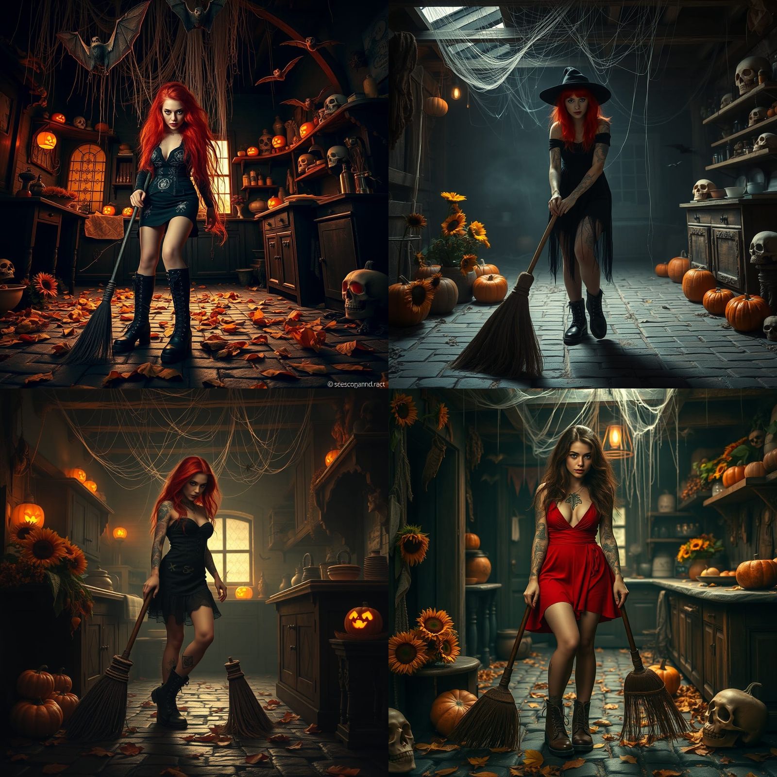 Cinematic Witch Sweeping Leaves with Bats and Cobwebs