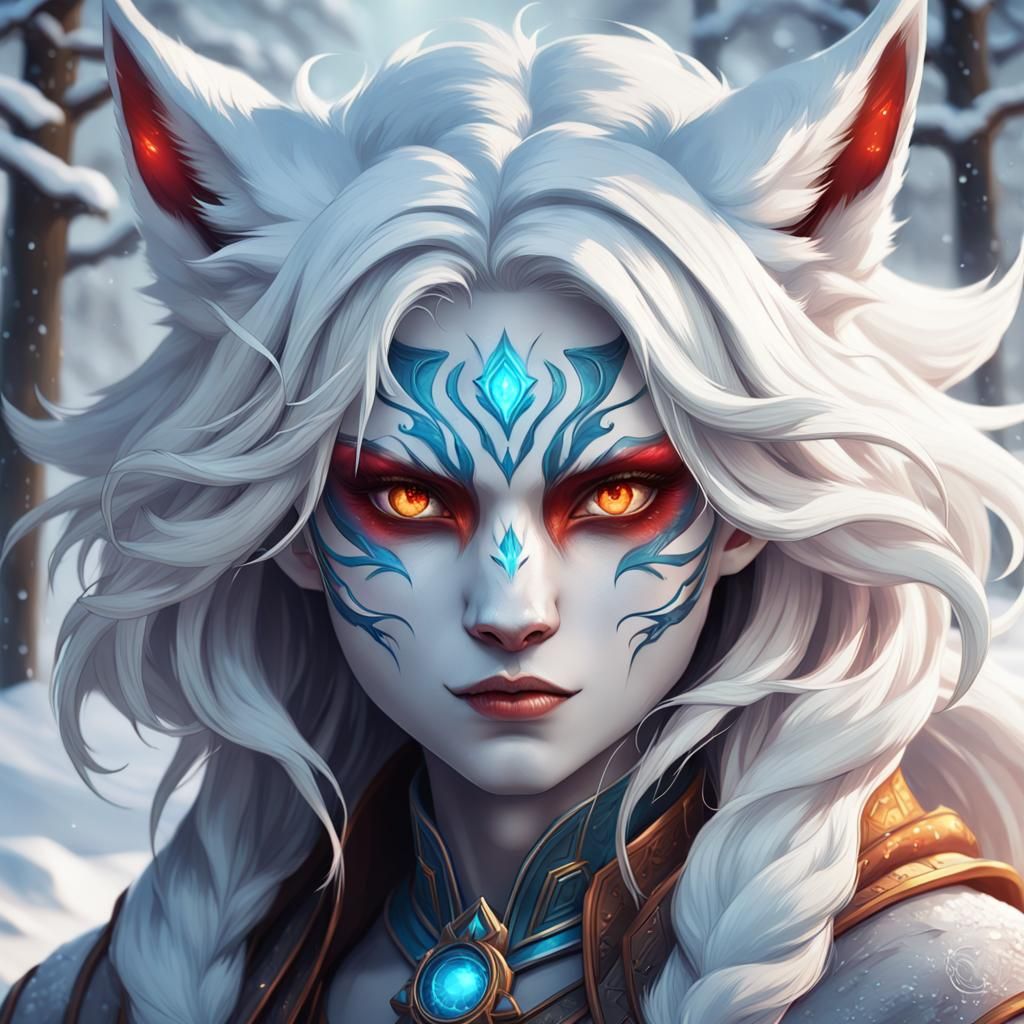 Snow Kitsune Demon Portrait in Hyperdetailed Digital Art