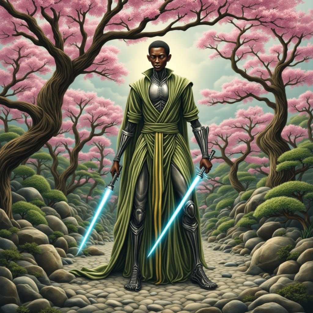 Cyborg Jedi Meditating in Zen Garden