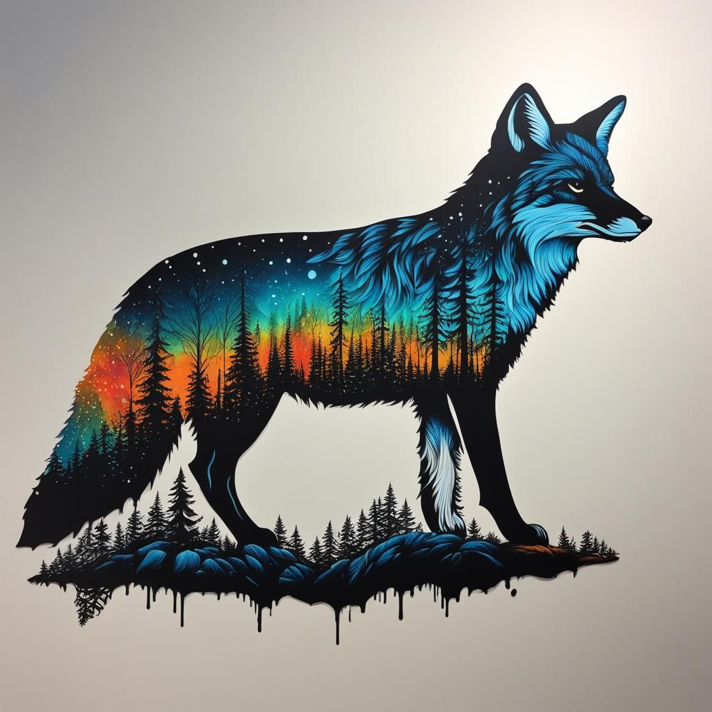 Double Exposure Owl and Fox Silhouette in Forest