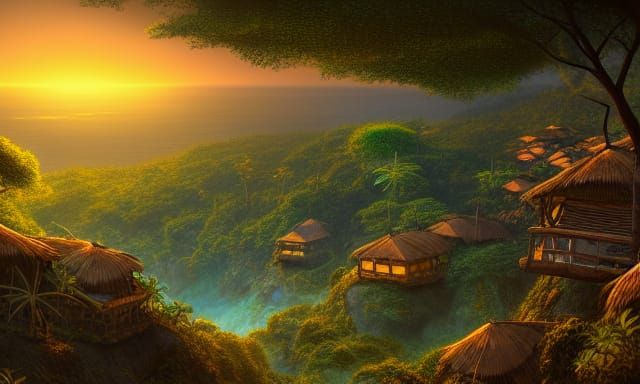 Madagascan Village at Sunrise: Dark Fantasy Landscape