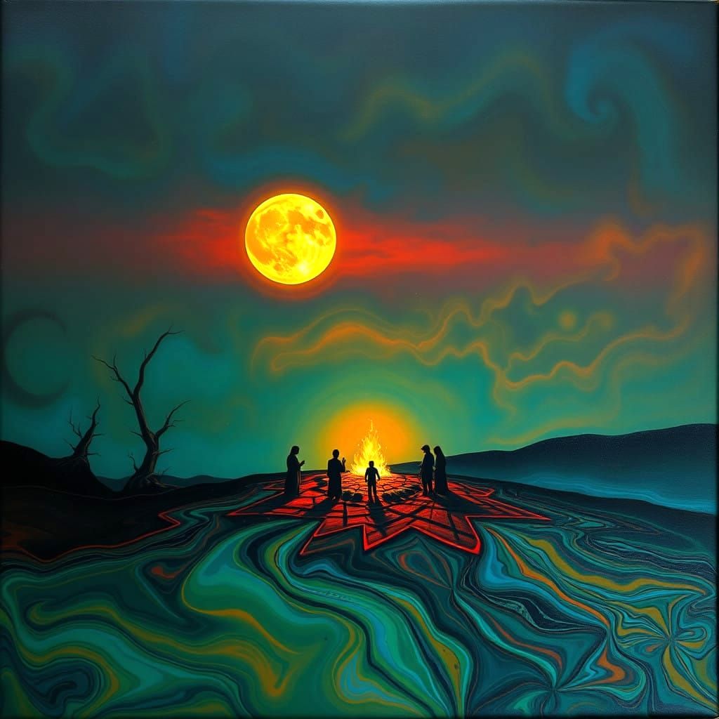 Ethereal Surrealism Scene with Fiery Gathering