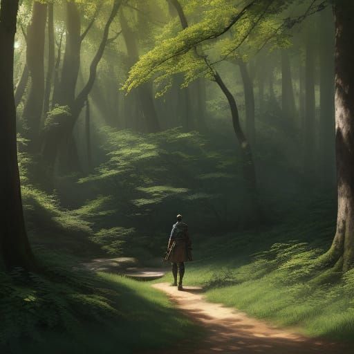 Warrior in Serene Forest Landscape, Inspired by Makoto Shink...