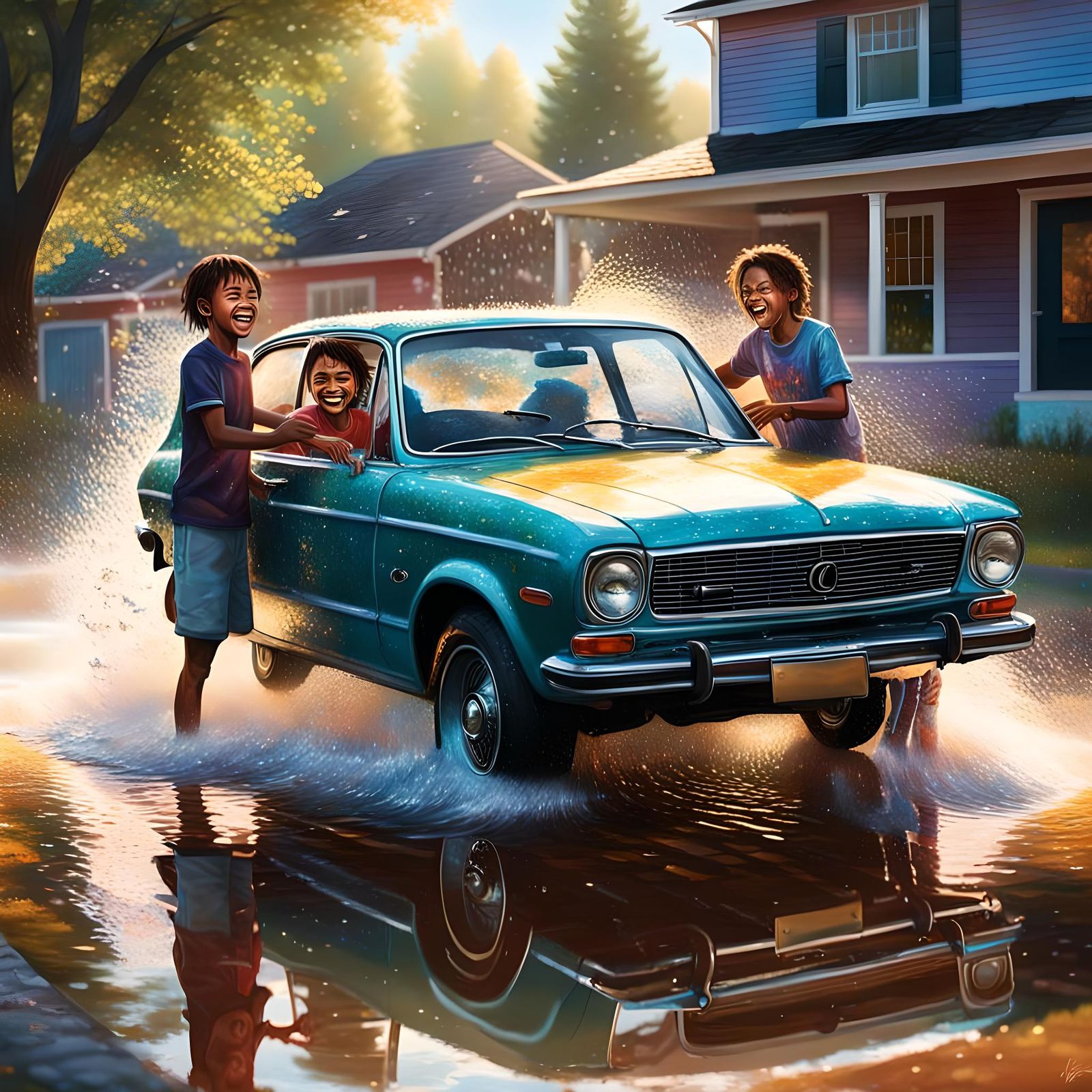 Joyful Kids Washing Car in Splash Art Style