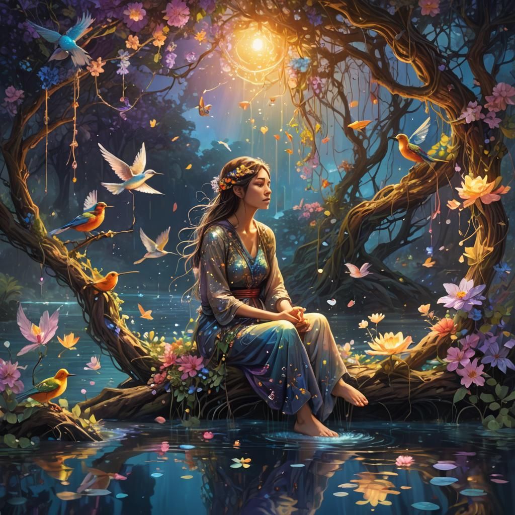 Ethereal Woman in Iridescent Fantasy Landscape