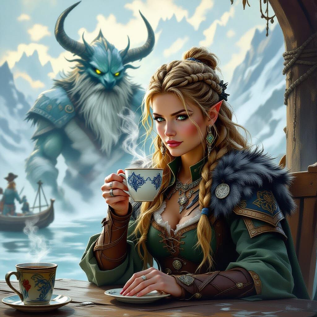 Viking Warrior Drinks Coffee Beside Drakkar Ship in Misty Fa...