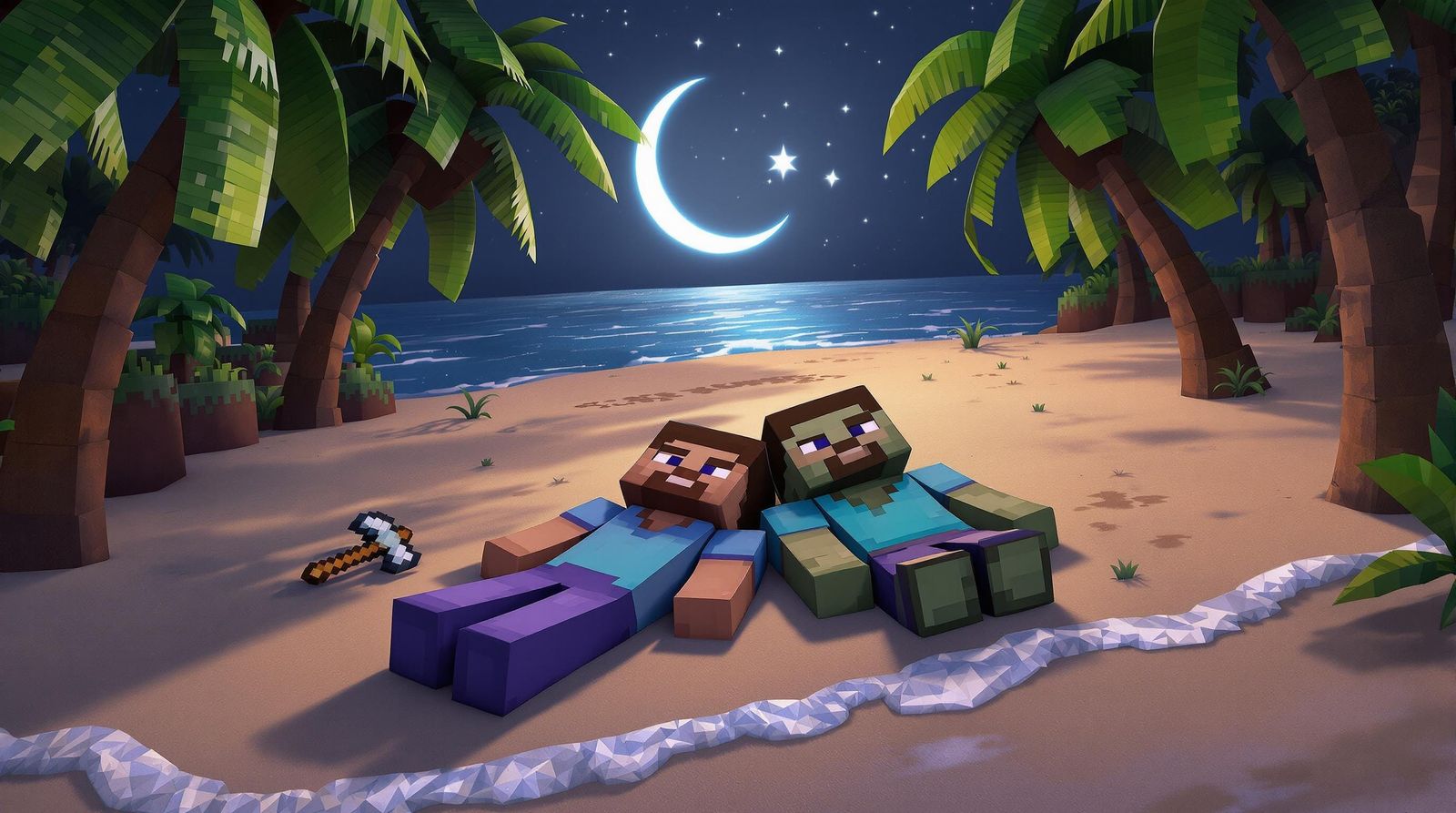 Blocky Friends Under Crescent Moon