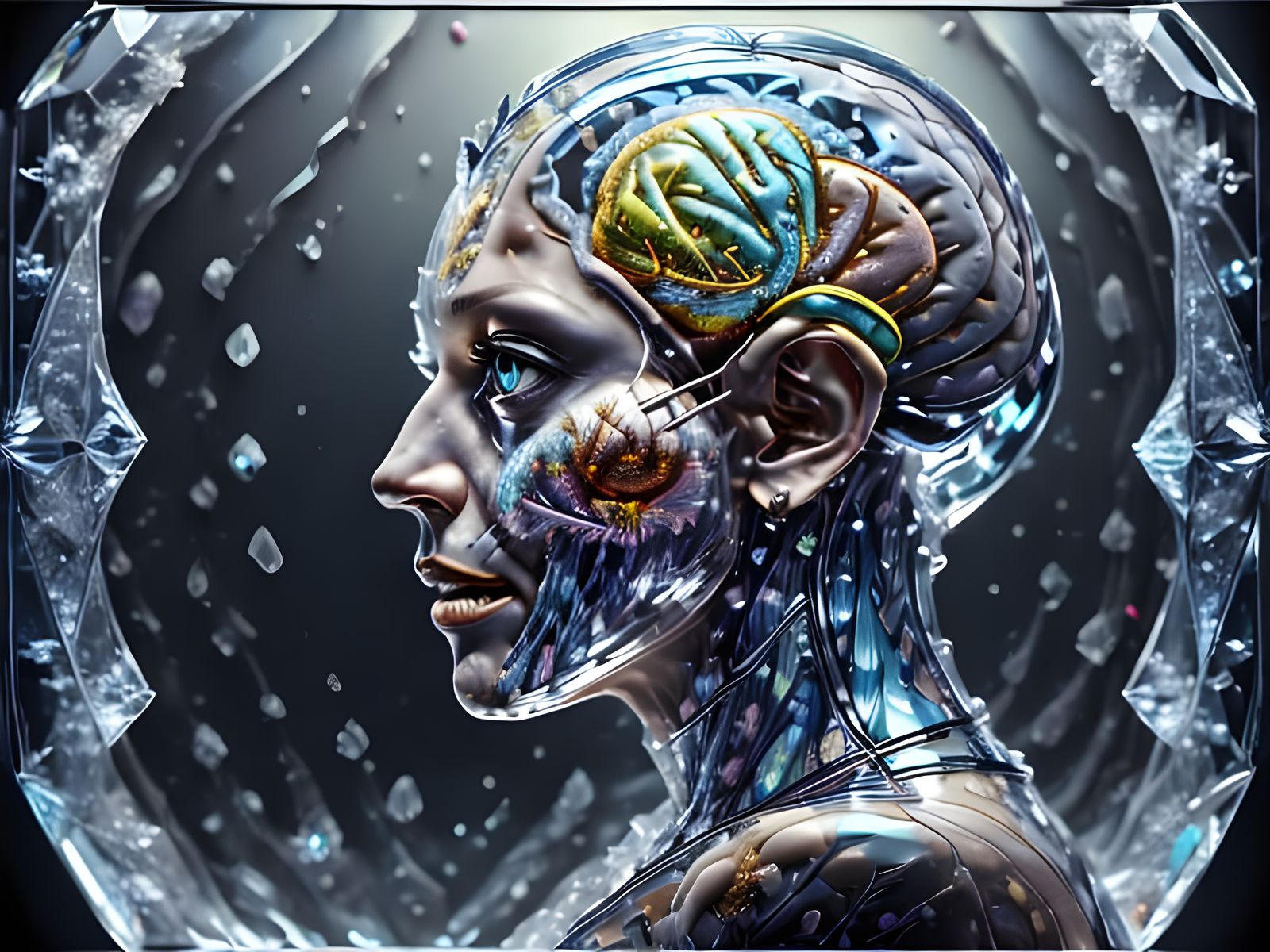 Crystal Glass Brain Portrait in Ethereal Glow