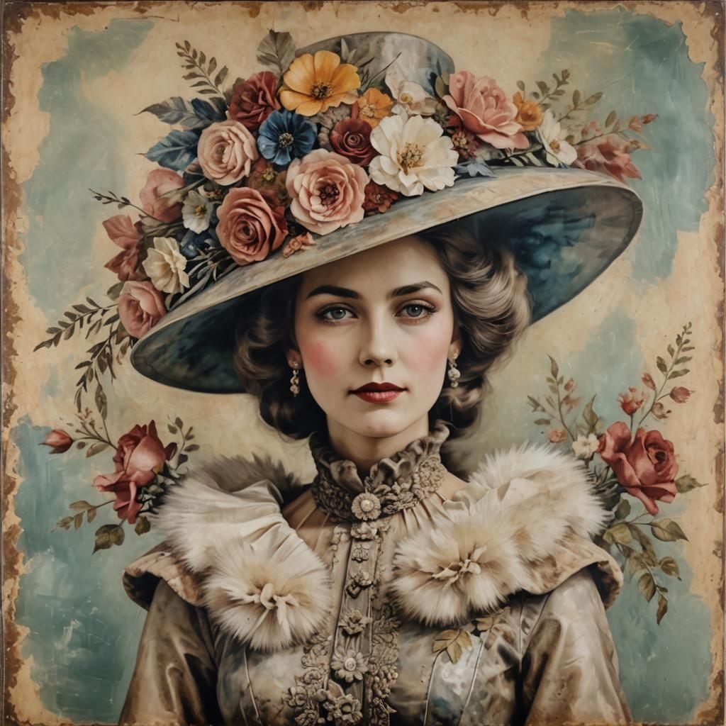 Vintage Woman Portrait in Encaustic Art Style