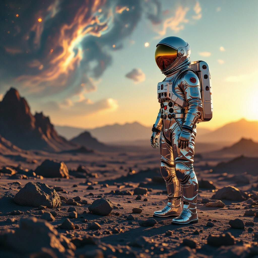 Astronaut Chrome Suit on Alien Planet in Photorealistic Styl...