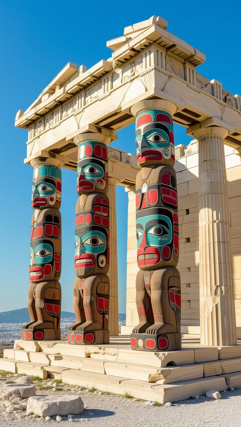 Surreal Syncretic Acropolis in Vibrant Totem Pole Style