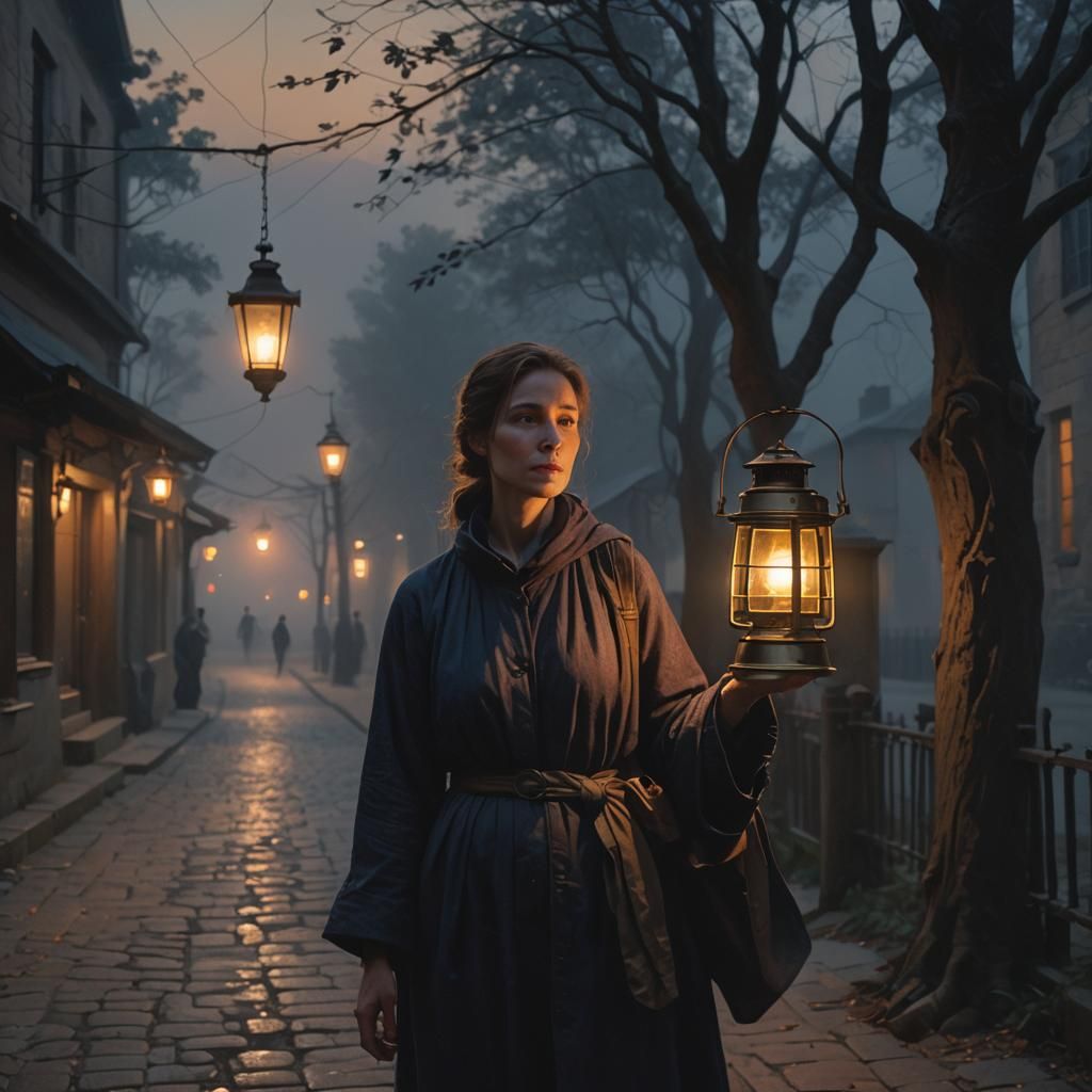 Woman with Lantern in Dark, Impressionistic Style