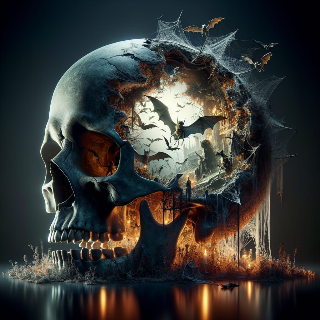 Bats Emerge From Skull Diorama in Oil Painting Style