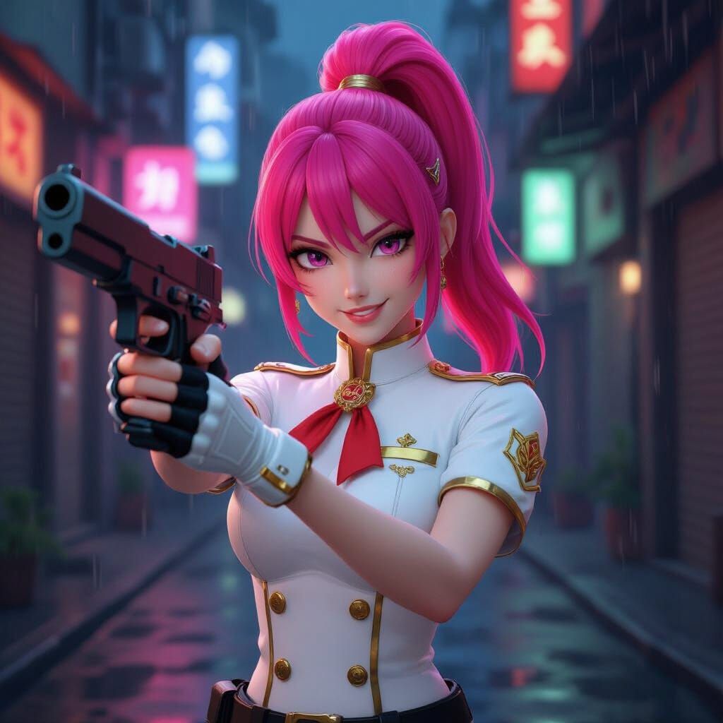 Anime Girl with Pink Hair Holding Futuristic Gun in Neon All...