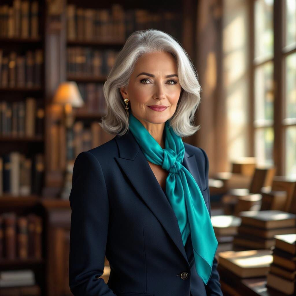 Elegant Woman in Library, Vermeer-Inspired Lighting