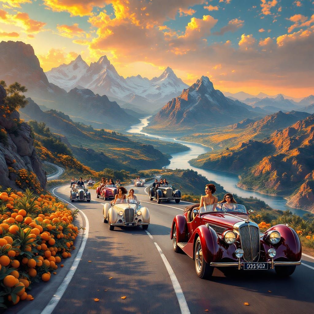 Ladies Racing on Tangerine Mountains at Sunset