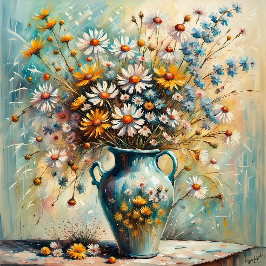 Vase Bouquet of Summer Meadow Flowers Still Life