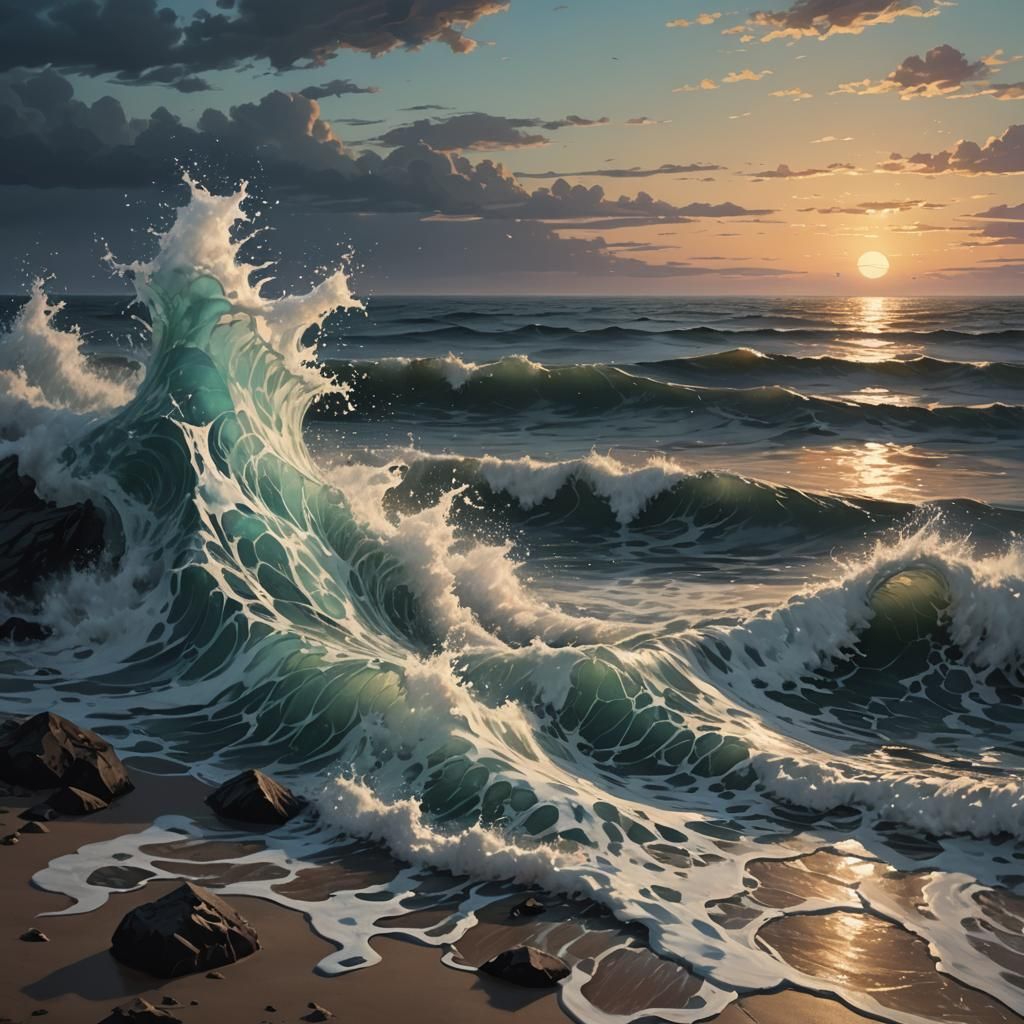 Hyperrealistic Dawn Seascape with Ghostly Figure