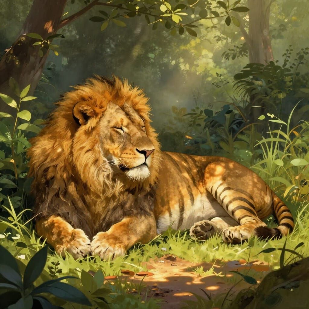 Majestic Liger Sleeping in Sunlit Clearing