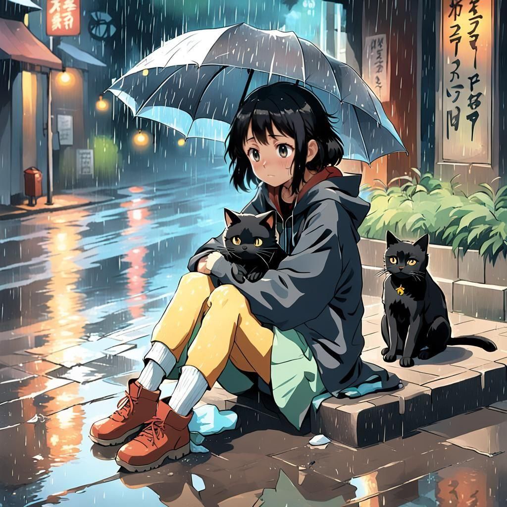 Sad Girl with Cat: Studio Ghibli Anime Visual