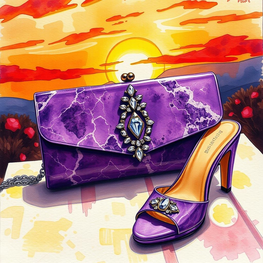 Purple Marble Clutch with Neo-Impressionist Sunset