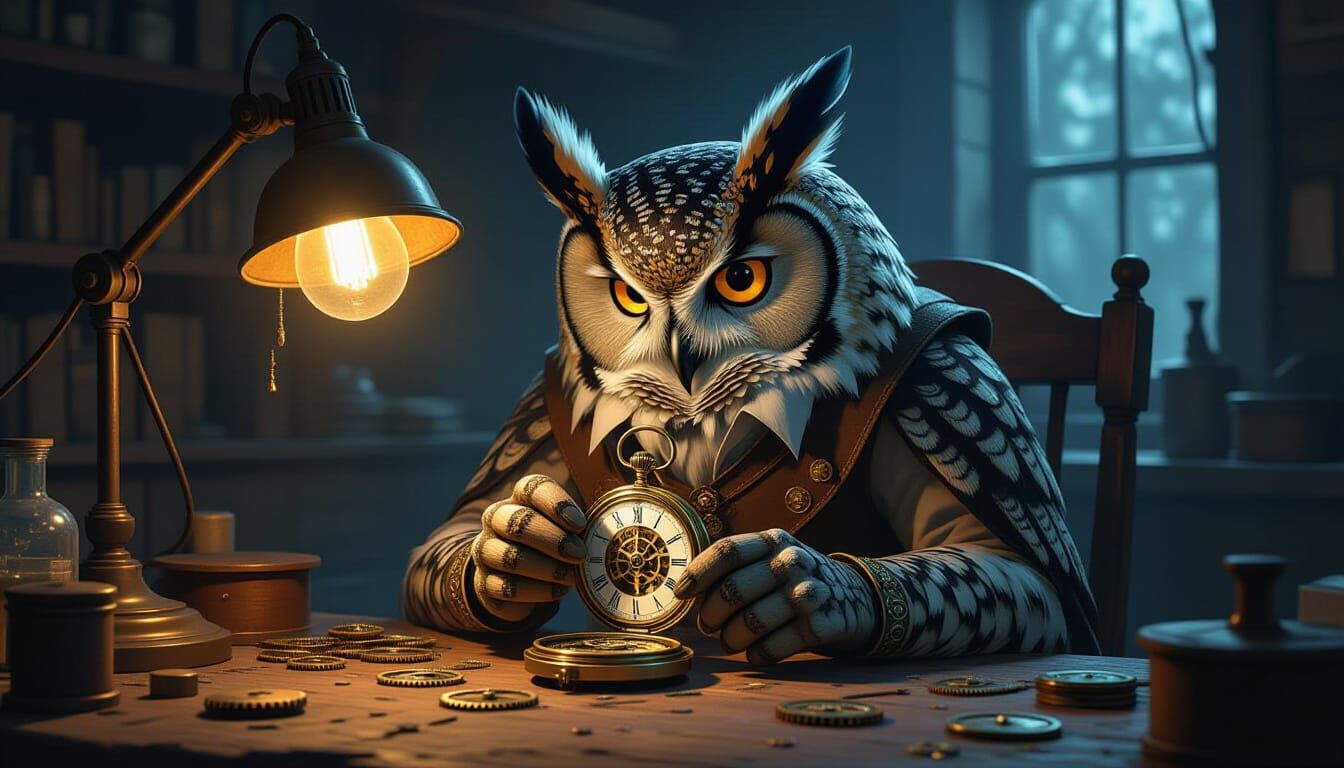 Clockmaker with Owl Head Repairs Pocket Watch