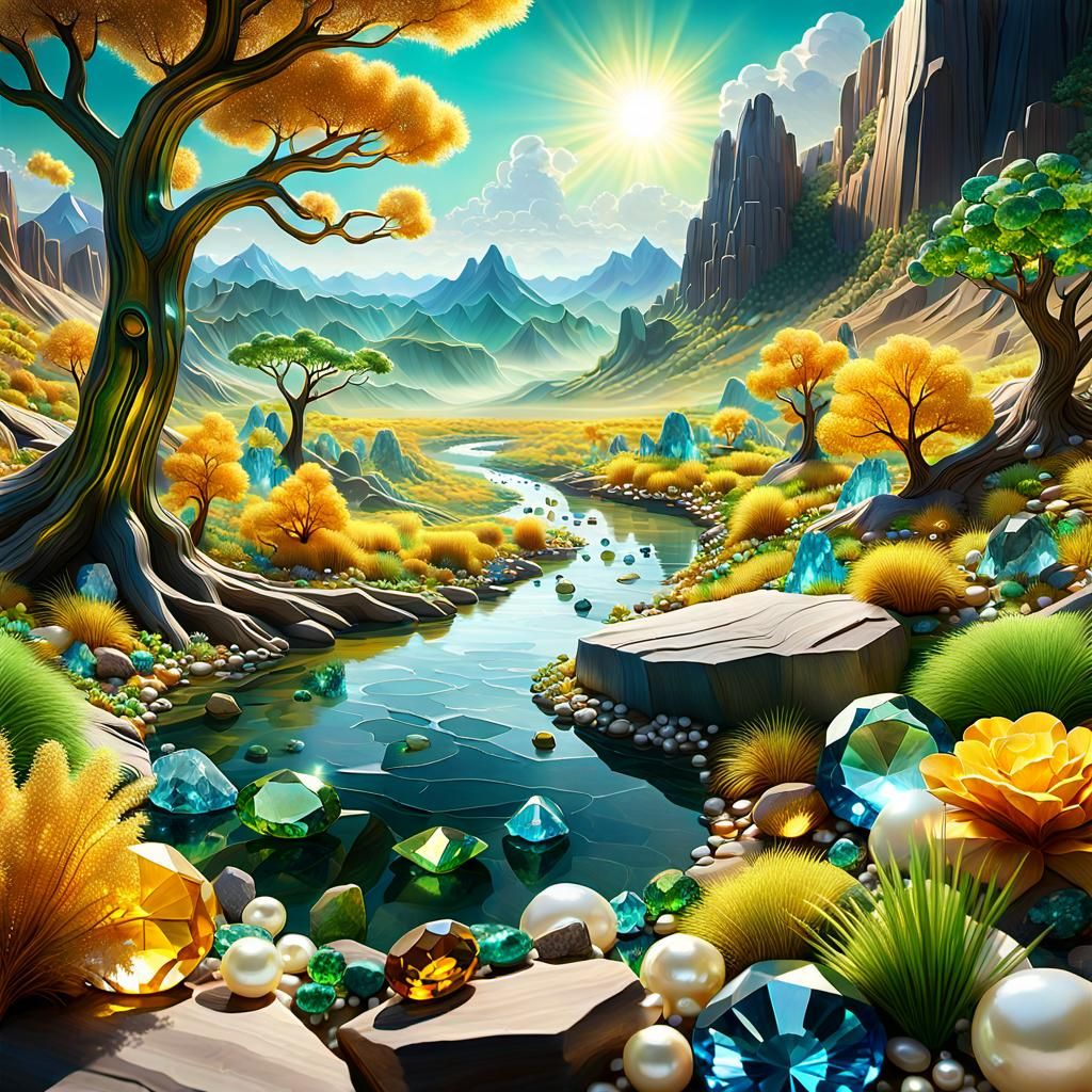Whimsical Gemstone Landscape in Hyper-Realistic Digital Art