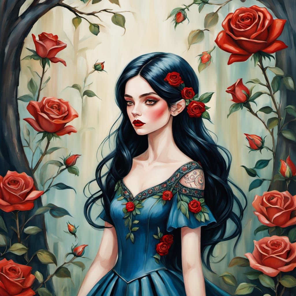 Fauvist Elf Portrait with Spring Rose Dress and Raven Tattoo