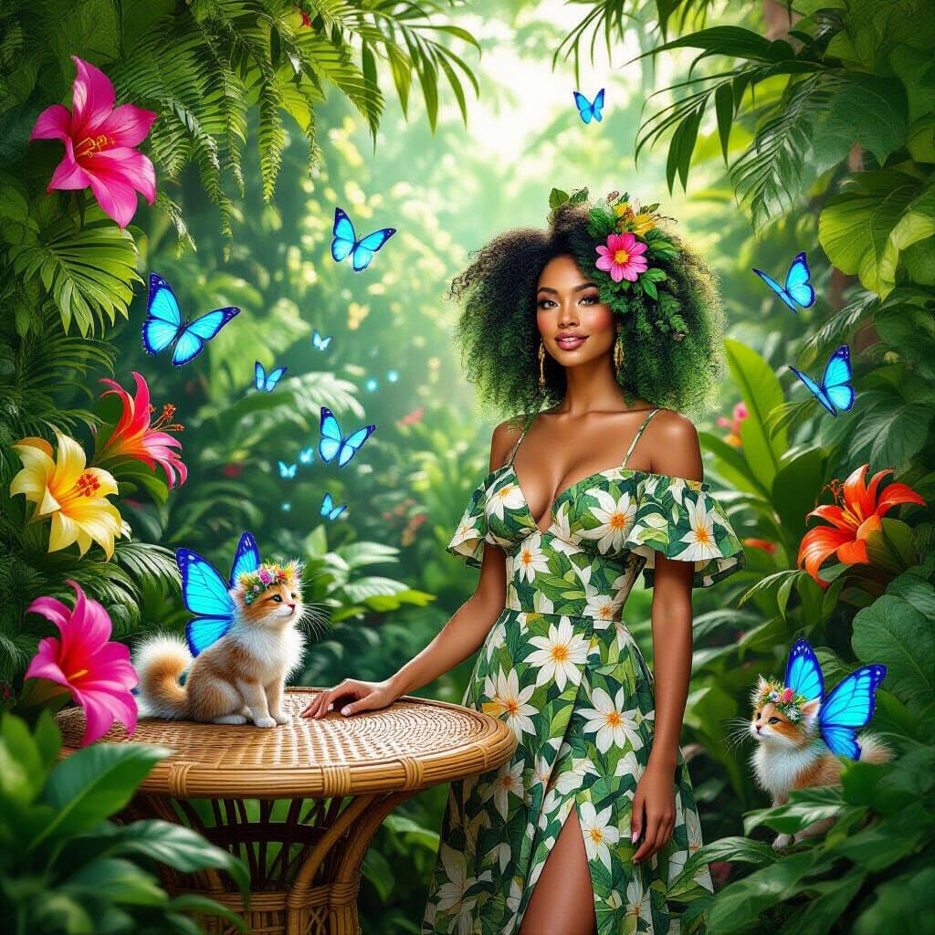 Jungle Cafe Scene with Moss-Haired Woman and Cat Fairies