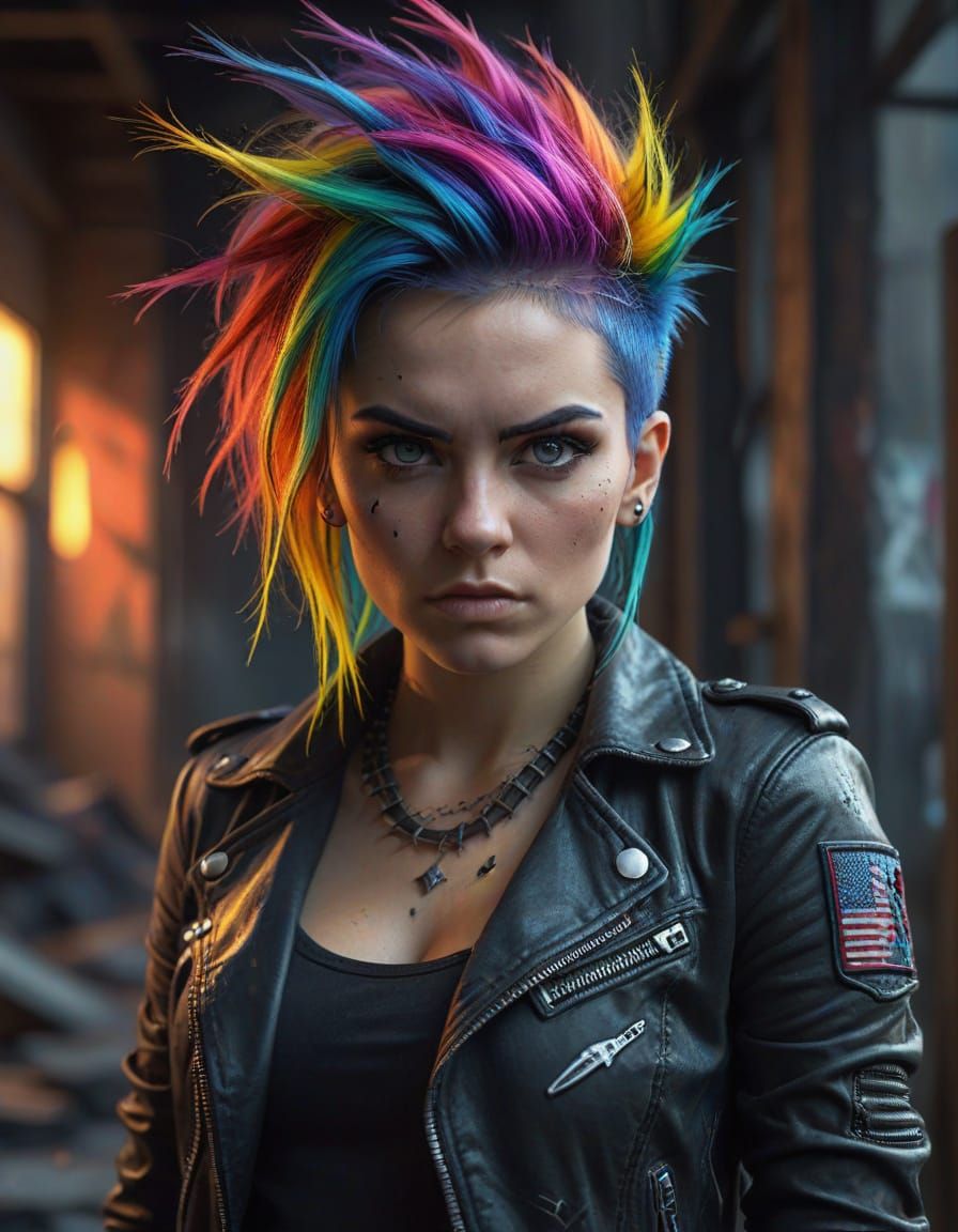 Punk Woman with Rainbow Hair in Urban Setting