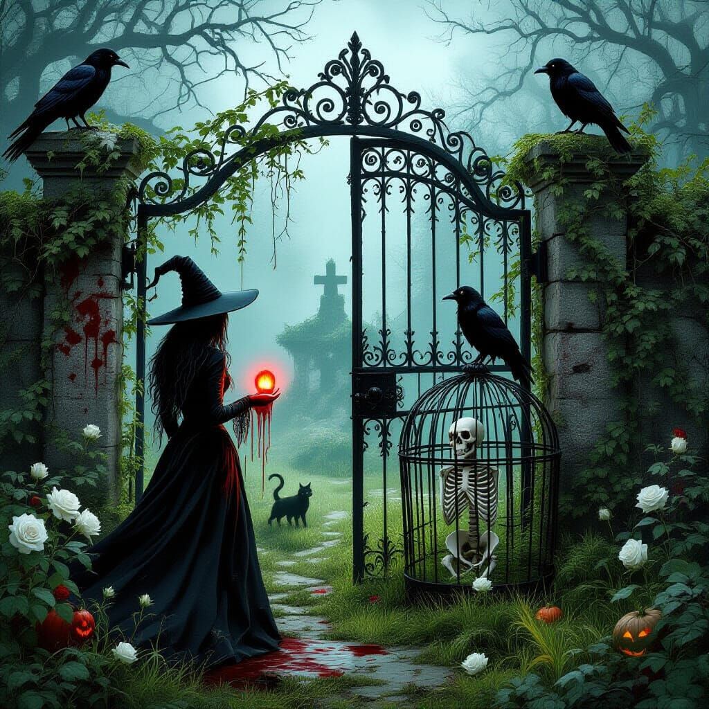 Eerie Witches Garden with Roses and Black Cat