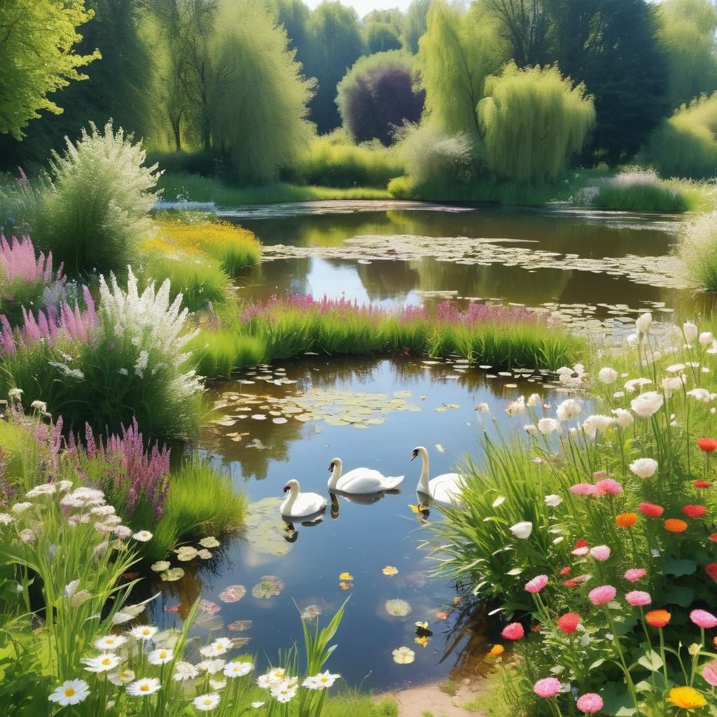 Swans in a Sunny Meadow Pond