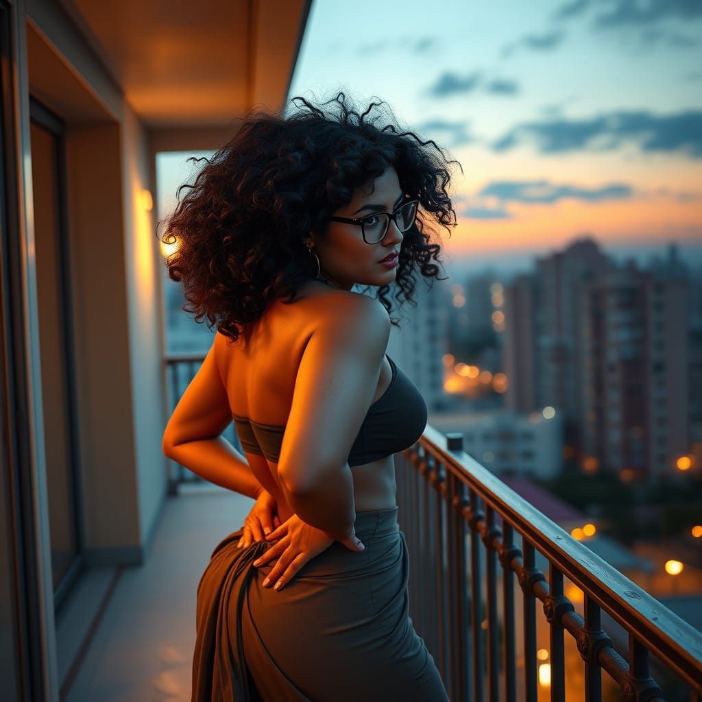 Curvy Indian Woman on Balcony at Twilight