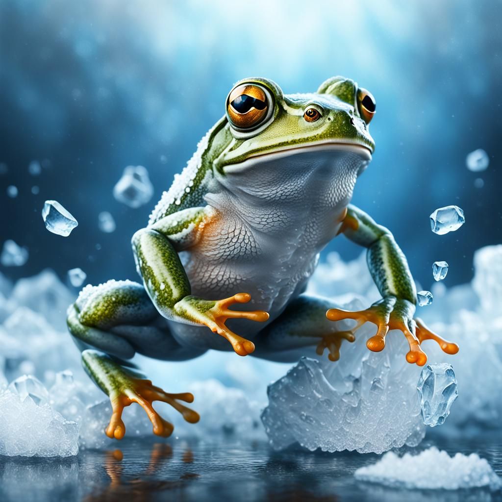 Hyper-Realistic Frog Frozen in Mid-Air Jump in a Frosty, Icy...