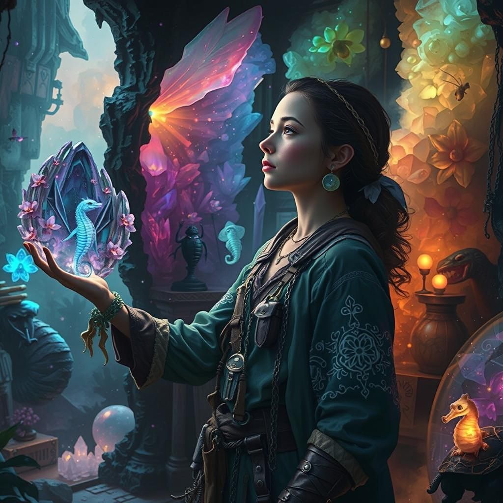 Whimsical Adventurer Surrounded by Mystical Treasures