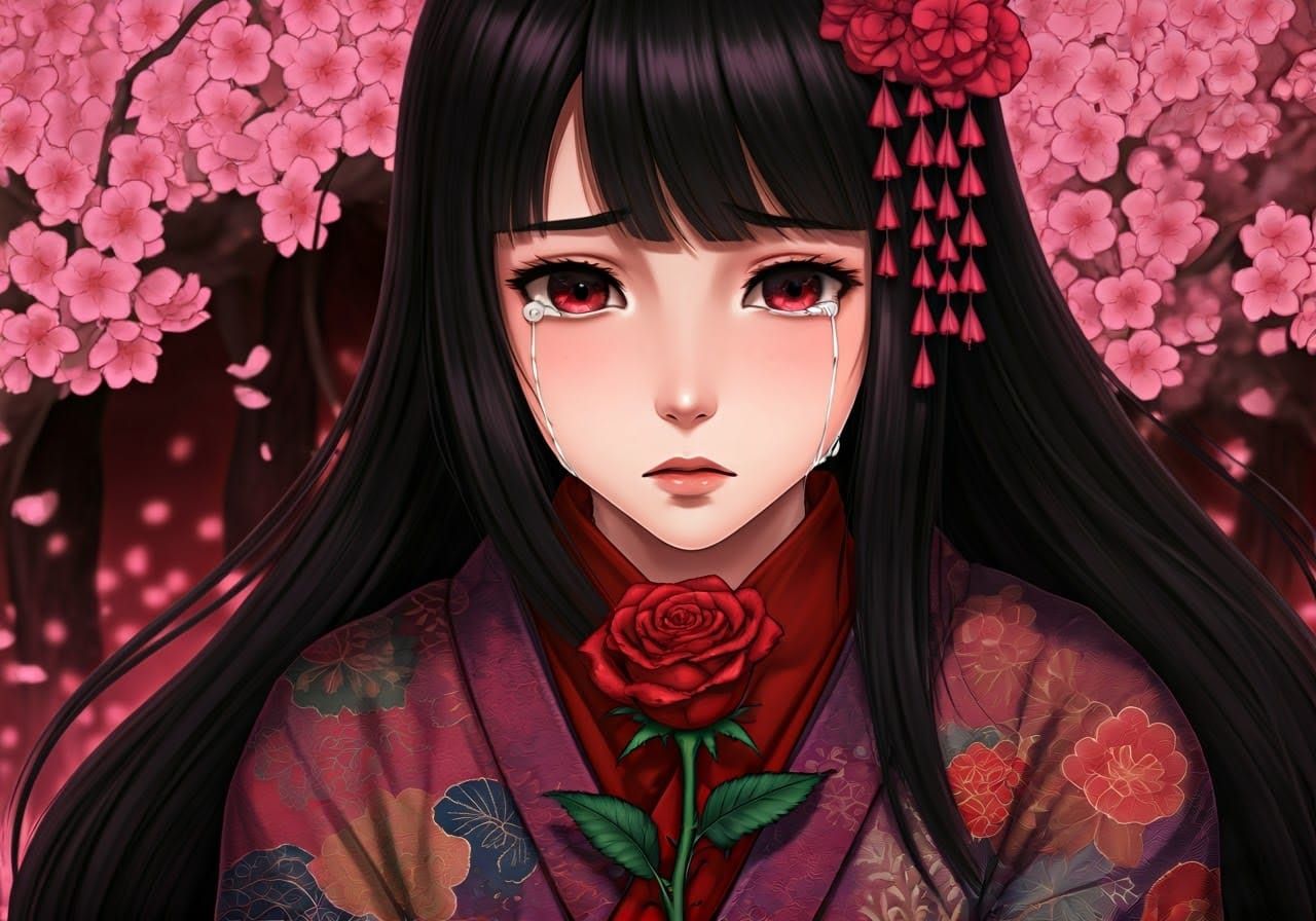 Sorrowful Japanese Woman Surrounded by Cherry Blossoms in Tr...