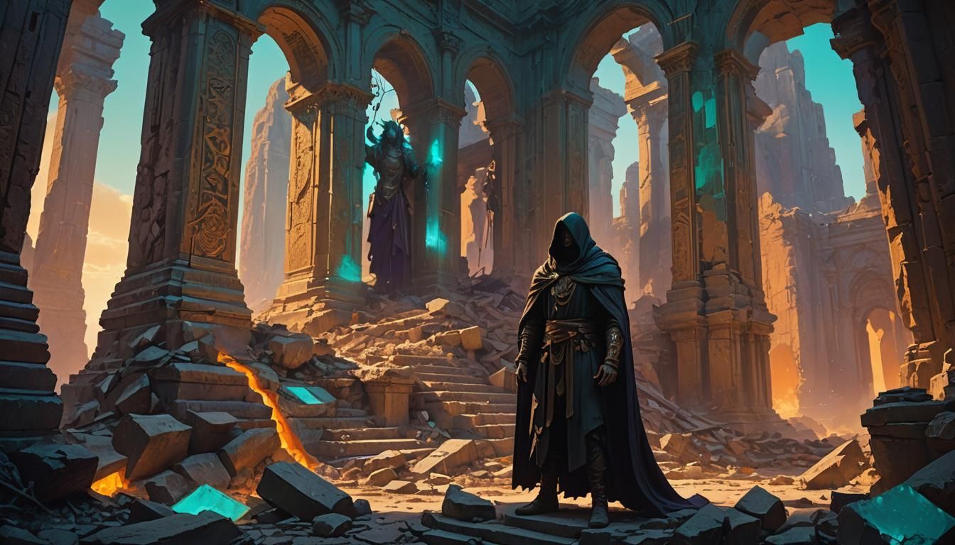 Nephilim in Dark Fantasy Ruins with Golden Light