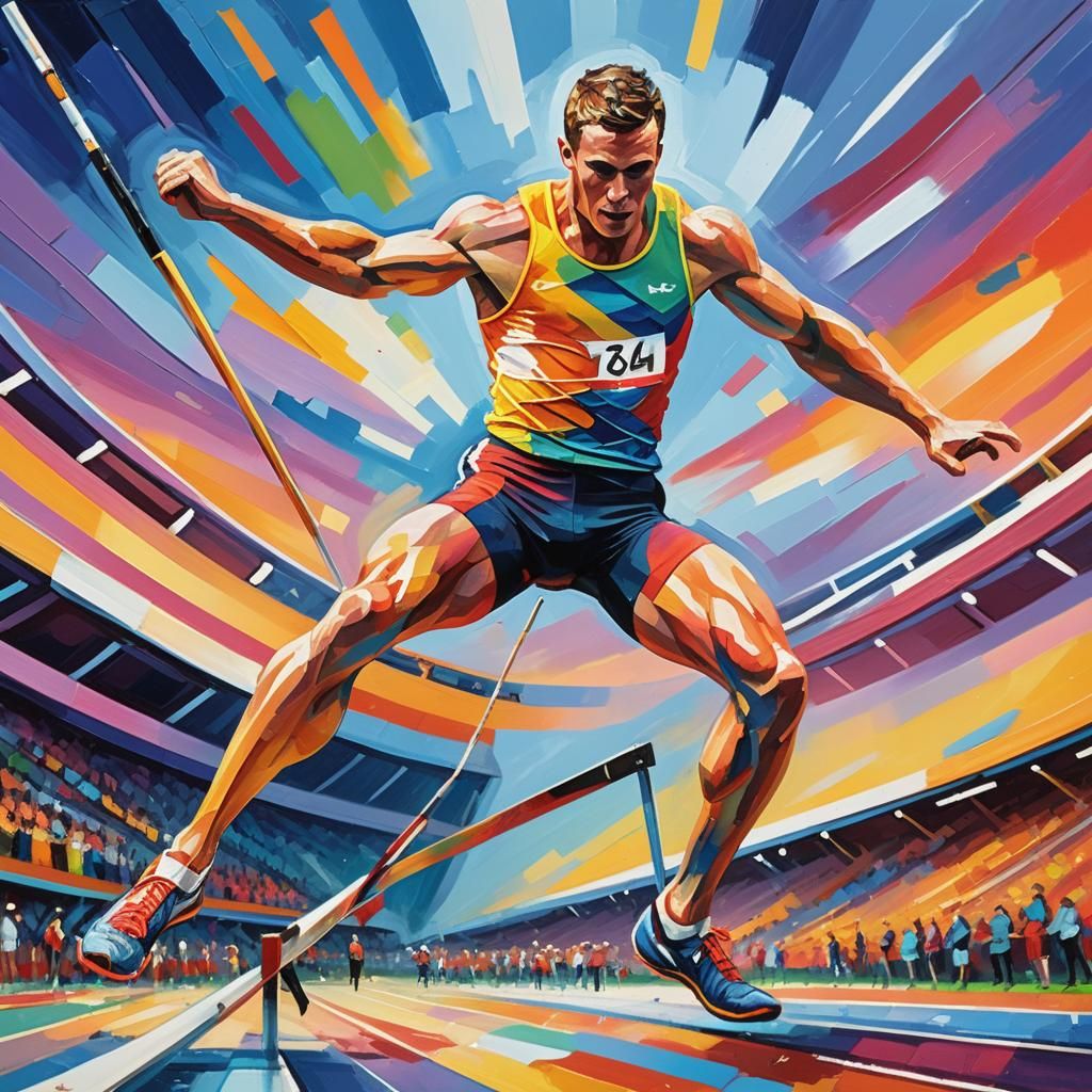 Pole Vaulter's Victory: An Expressionist Oil Painting