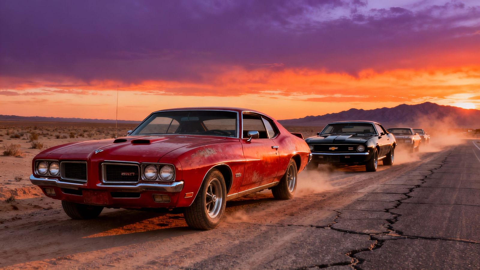 Vintage Muscle Cars on Desert Highway at Sunset
