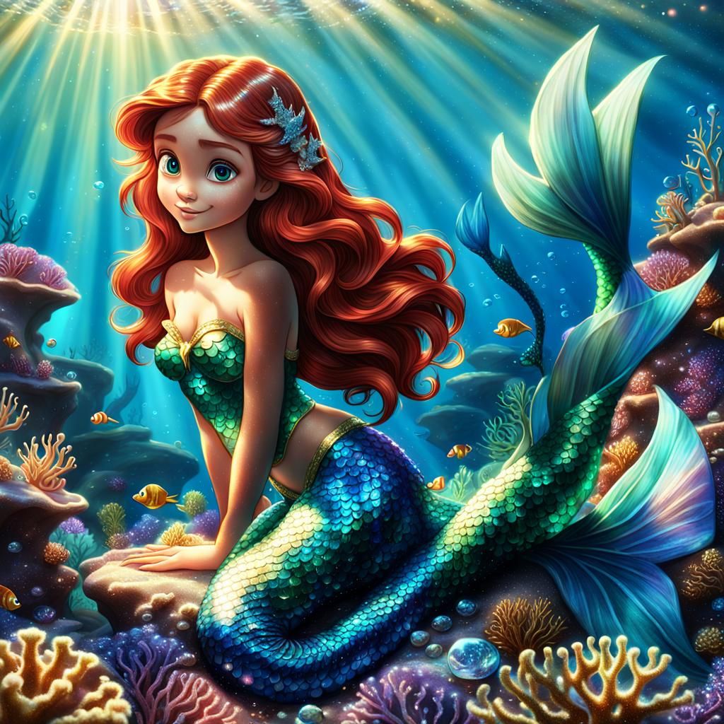 Ariel on Coral Reef: Fantasy Art Nouveau
