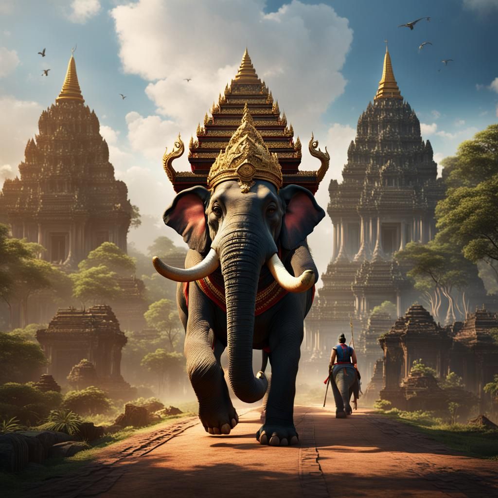 Khmer Emperor on Ceremonial Elephant, Digital Painting
