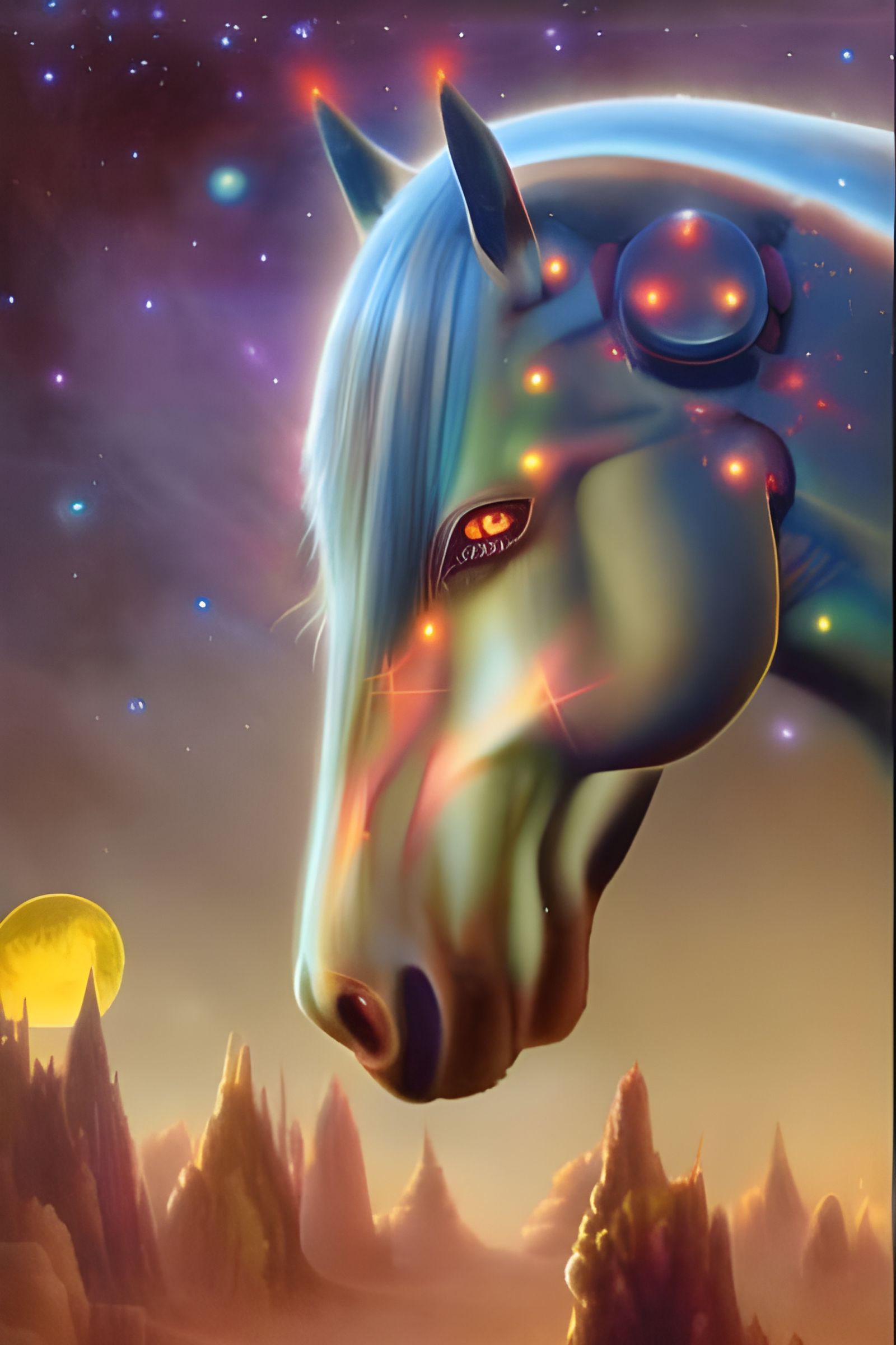 Gorgeous Portrait shot of beautiful alien Horse with glowing eyes, in space. Ominous, cute, by Otto Dix::0.9 Moebius Th...